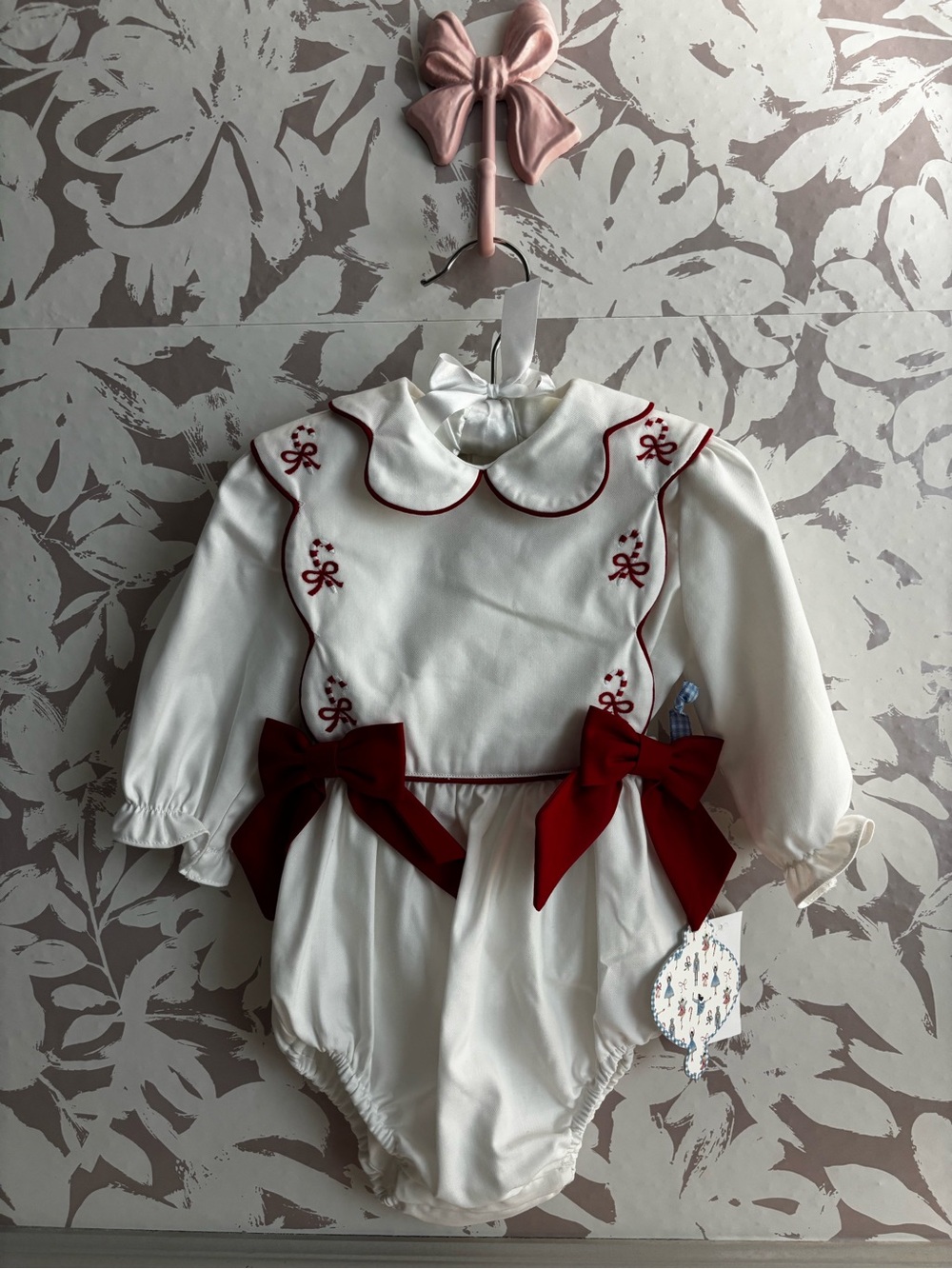 Edgehill Collection White Romper with Red Bow Accents